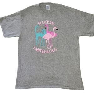 "Flocking Fabmewlous" Graphic Tee Kitty & Flamingos On Gray Shirt Size Med